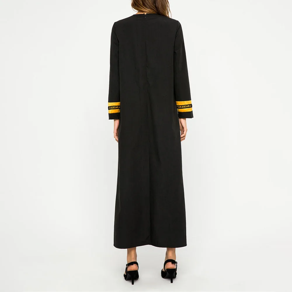 

Autumn 2021 Muslim Long Lace Splicing Color Contrast Women's Dress Casual Loose Solid Color Round Neck Long Sleeve Simplicity