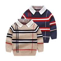 soft plaid childrens fake two stitch bottom unlined upper garment new style boys sweater 2020 turn down collar kids clothes