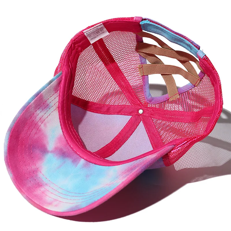 Tie Dye Criss Cross Ponytail Baseball Cap Hat Women Cotton Mesh Snapback Hip Hop Hats Fashion Adjustable Tennis Golf Caps