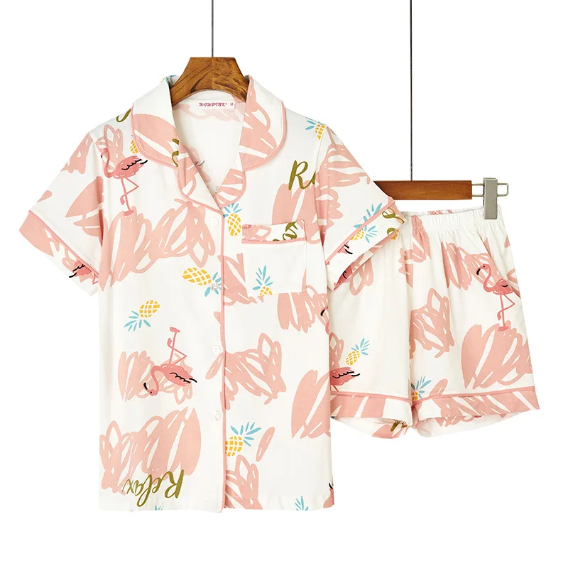 

New Cotton Summer Style Homewear Womens Casual Printed Lapel Loose Size Pajamas Suit Ladies Animal Pink Color Soft Home Clothing