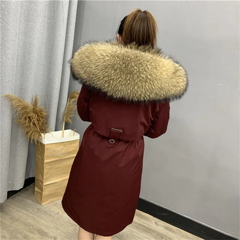 2021 New Winter Women's Leather Coat Long Raccoon Fur Fur Lining Hooded Parka Big Raccoon Fur Collar Warm Fur Coat Jacket