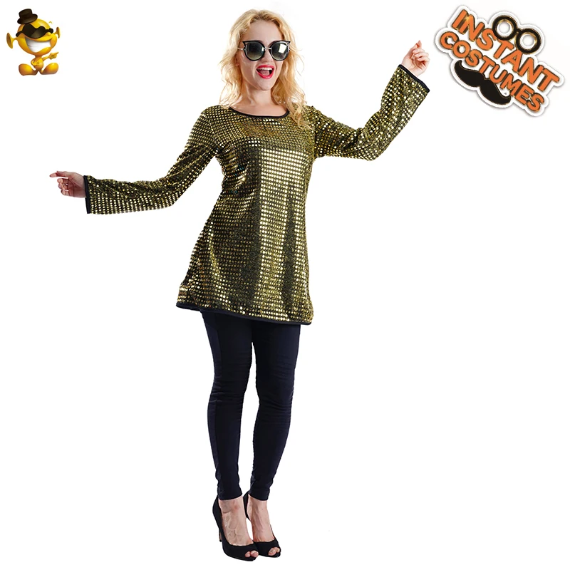 

Hippie Dress for Women Party Cosplay 60's 70's Disco Gold Sequins Tunic Role Play Performance Clothing for Adult Female
