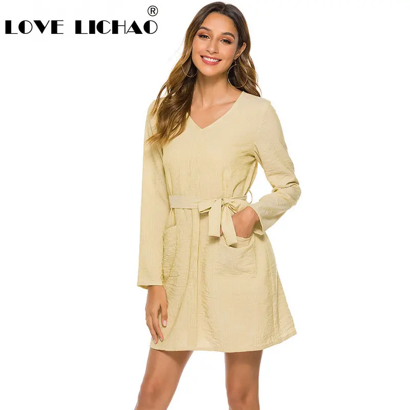 Повседневное платье модное женское элегантное однотонное с v образным вырезом и