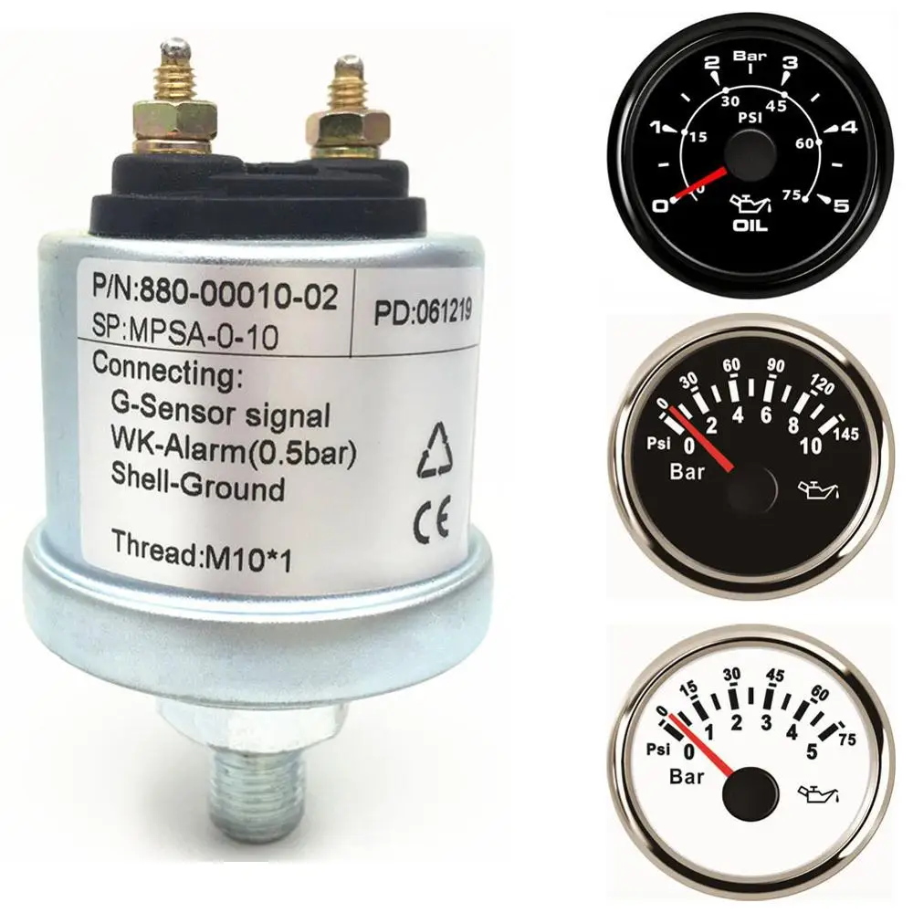 

1pc High Quality Auto 52mm Oil Pressure Gauges 0-5Bar Mechanical Oil Pressure Sensors M10x1 NPT1/8 0-10Bar Boat Device 6-24V