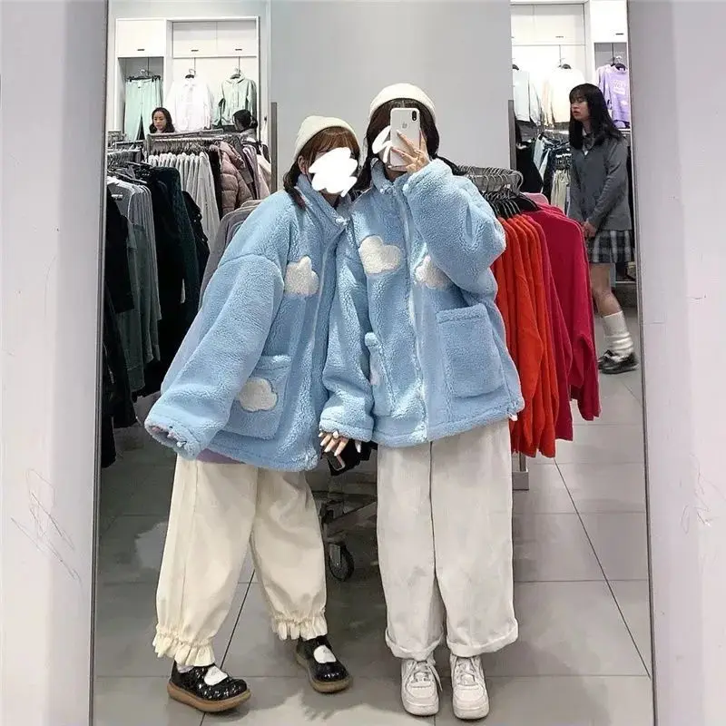 

Autumn Winter Women Velvet Thicker Jackets Stand Collar Loose Coat Harajuku Streetwear Female Leisure Chic Simple Outerwear