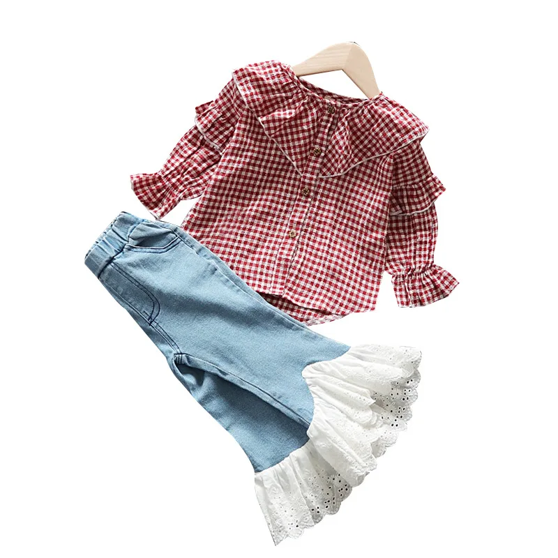 Костюм рубашки в клетку с кукольным воротником для девочек модный весенний