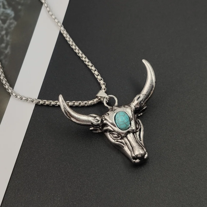 

Punk Stainless Steel Boiled Black Turquoise Cow Head Pendant Necklace hip hop jewelry mens necklace men jewelry
