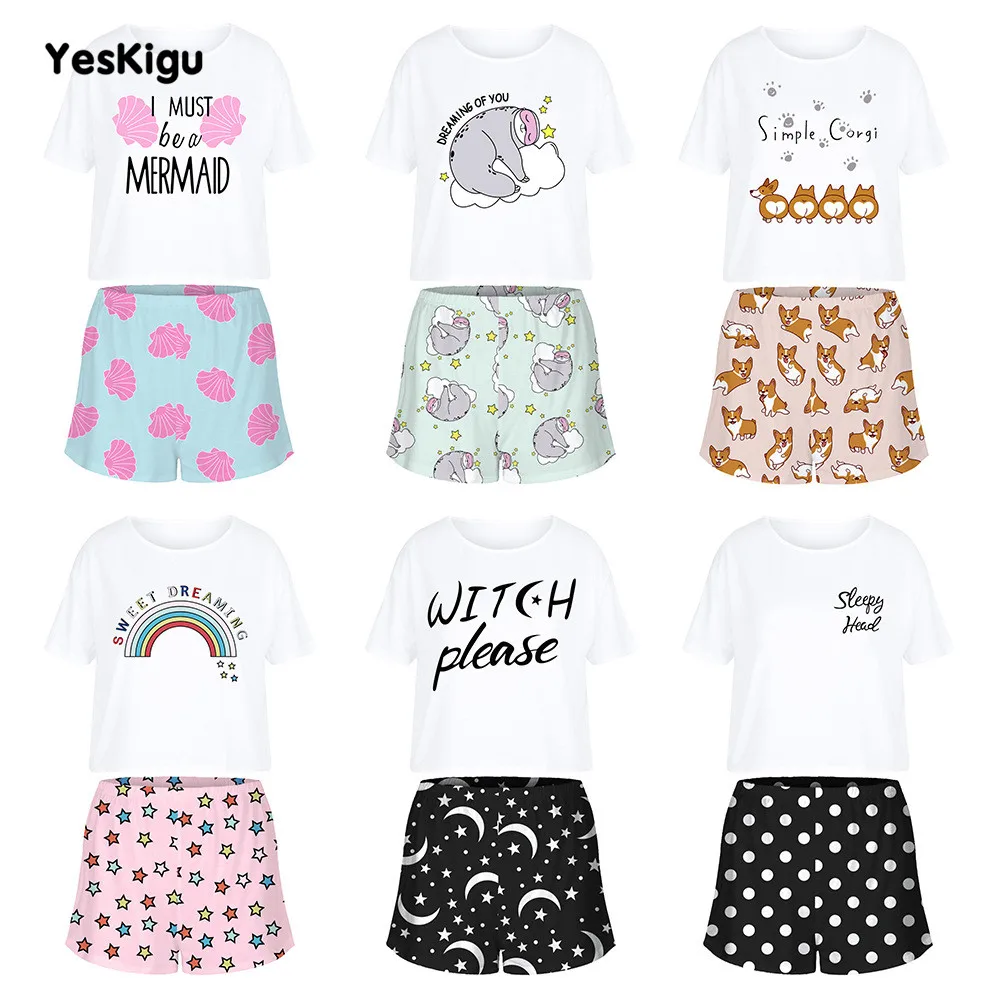 Пижама женская атласная из топа с коротким рукавом и 3D-принтом | Женская одежда