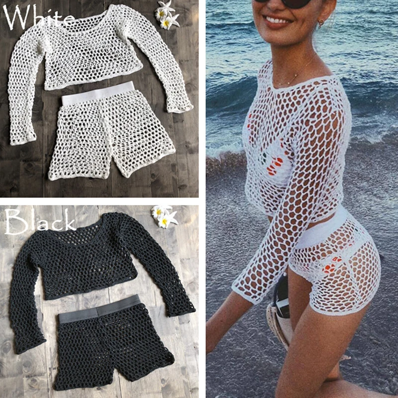 

Swimsuit Female Bikini Crochet Beach Split Swimsuit Fishnet Hollow Out Mesh Bikini Cover Up Long Sleeve Beachwear beach cover up