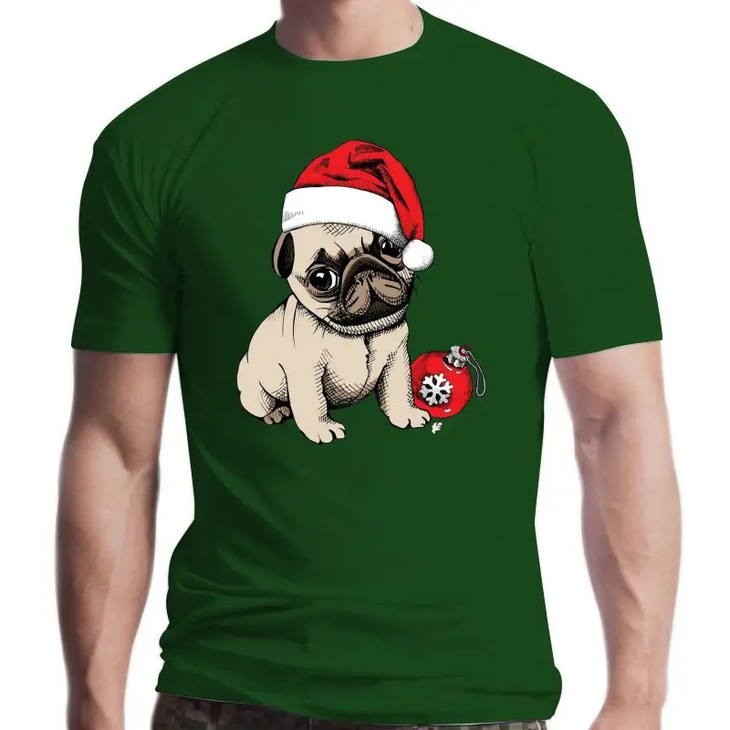 

New Pug Puppy Wearing Santa Hat With Snowflake Bauble Womens Boyfriend Fit T-Shirt Slim Fit Tee Shirt