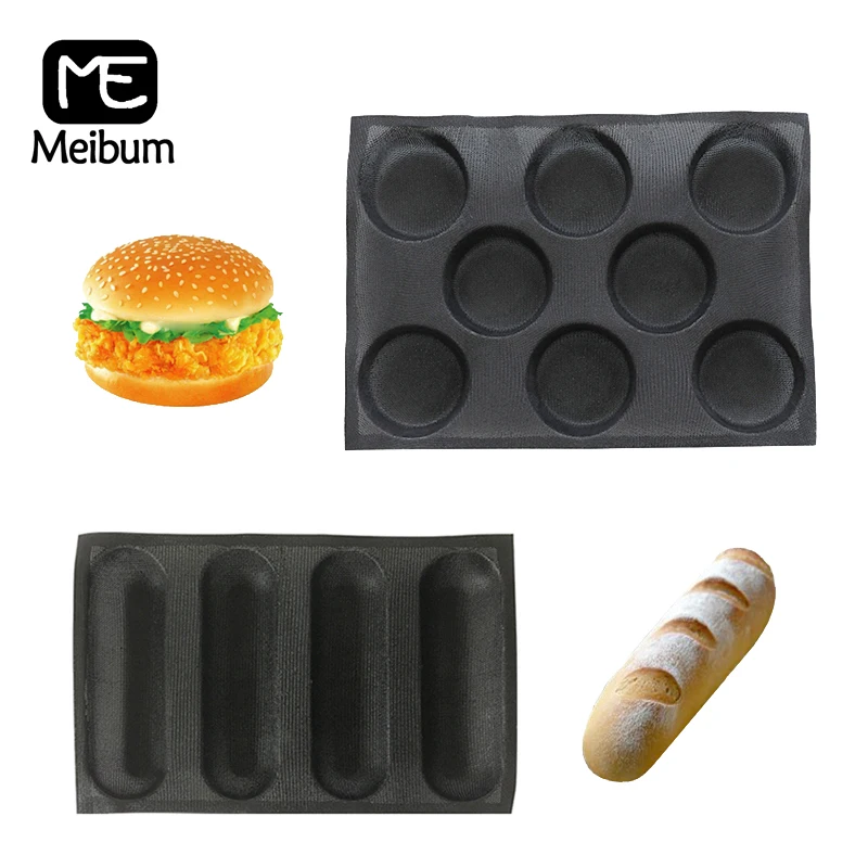 

Meibum Hamburger Bun Glass Fiber Silicone Mold Non Stick Perforated Baguette Bakeware Set Round Bread Tray Baking Tools