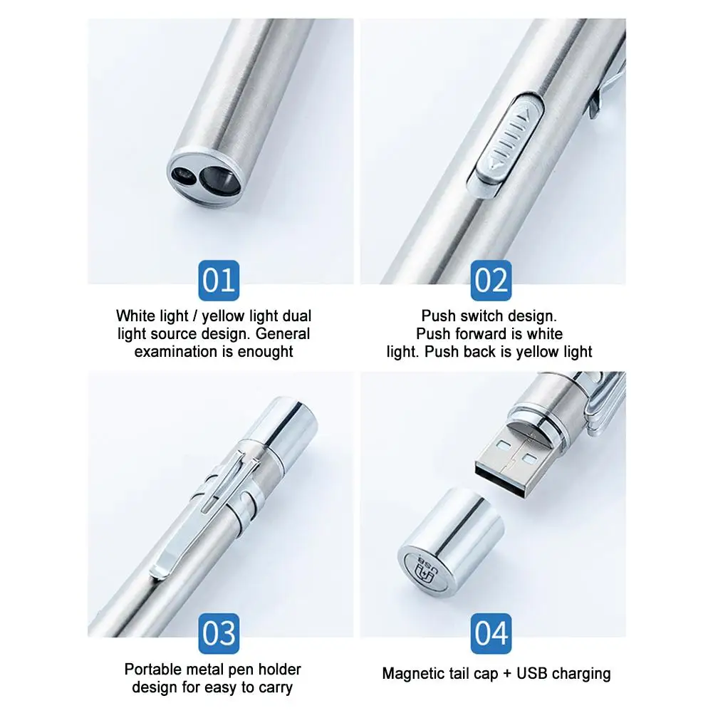 

USB Rechargeable Medical Handy Pen Light Mini Nursing Flashlight LED Torch Lamp With Stainless Steel Clip Pocket Led Flashlight