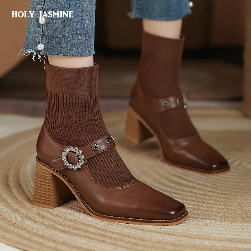 

2021 Hot Sale Ankle Boots Women Genuine Leather High Heels Shoes Buckle Autumn Winter Knitting Stretch Boots Woman Modern Boots