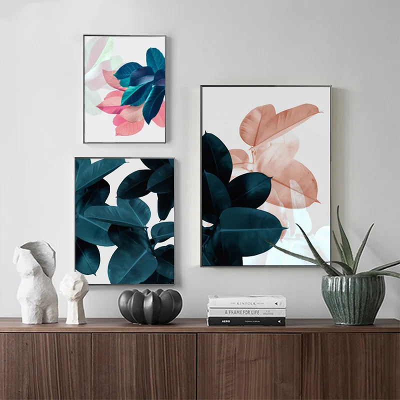 Абстрактный постер с розовыми и зелеными листьями растений скандинавский