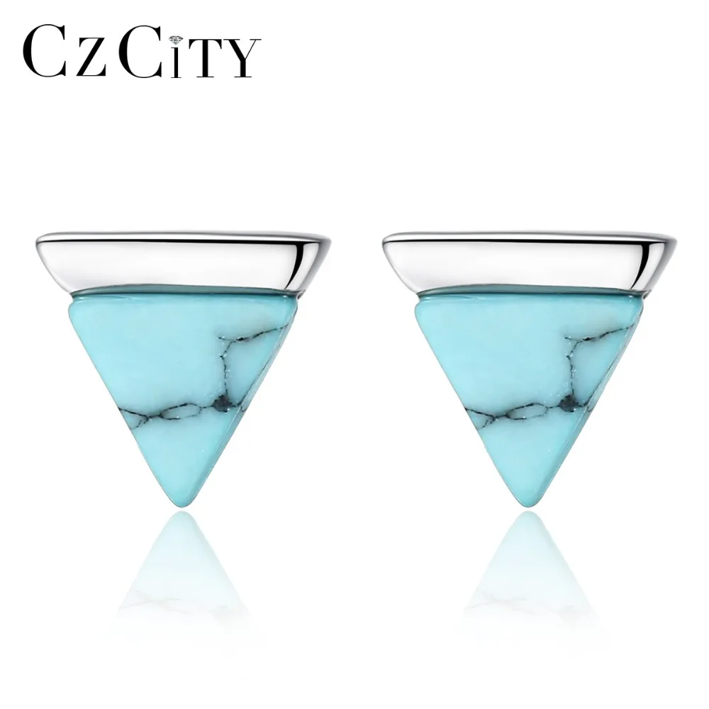 CZCITY Настоящее серебро 925 пробы 925 серьги гвоздики для женщин треугольник создан Бирюзовый миниатюрный пост серьги женские ювелирные изделия для свиданий