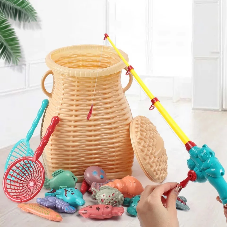 

Summer Fishing Toys Children's Educational Bamboo Basket Backpack Playing In Water Fishes Toys Fun Beach Double Set