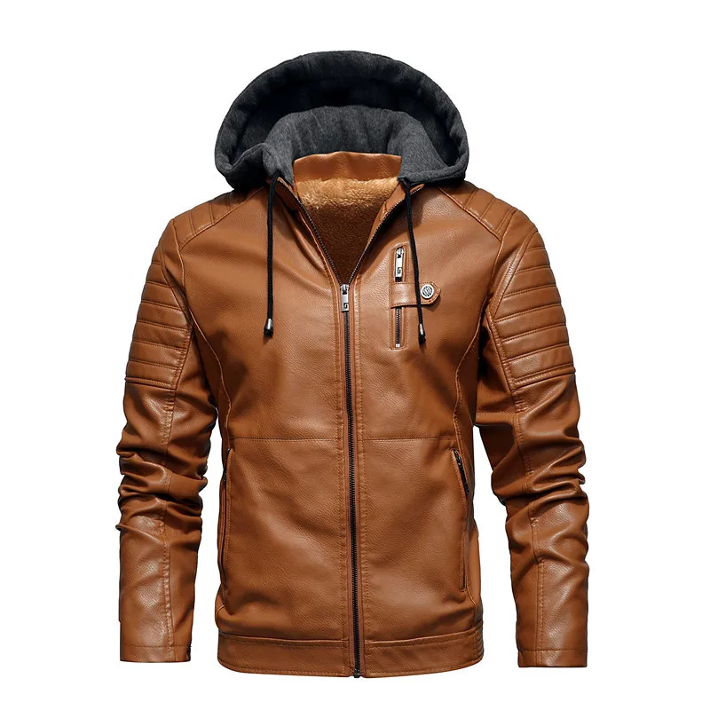 

Мужская зимняя куртка из искусственной кожи на флисе, повседневная утепленная мотоциклетная куртка на молнии с капюшоном, ветровка, теплая ...