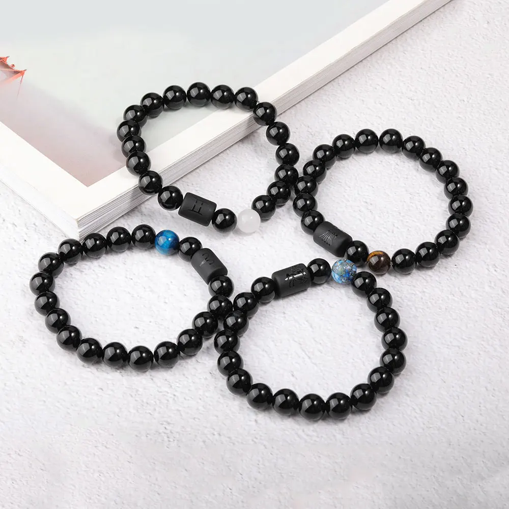 

12 Constellation Zodiac Signs Beads Couples Bracelet Natural Black Onyx Stone Elastic Charm Bracelet for Women Men Birthday Gift