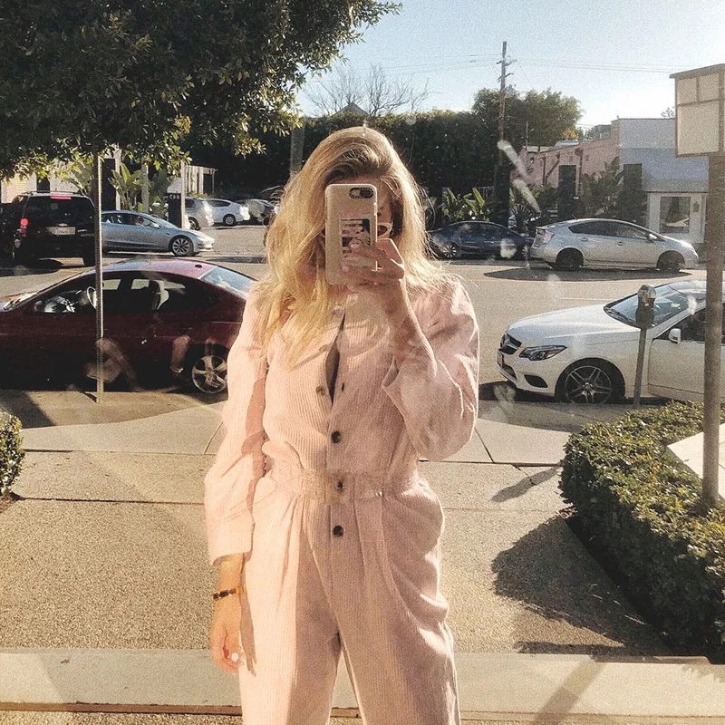 Модный женский комбинезон с поясом Осень зима 2019 новый вельветовый пуговицами