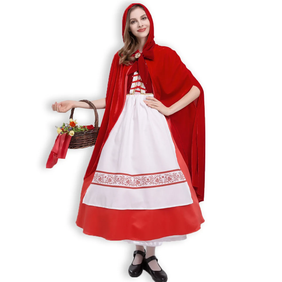 

Little Red Riding Hood Costume for Women Shawl Fancy Adult Halloween Cosplay Fantasia Carnival Fairy Tale Dress+Cloak Apron