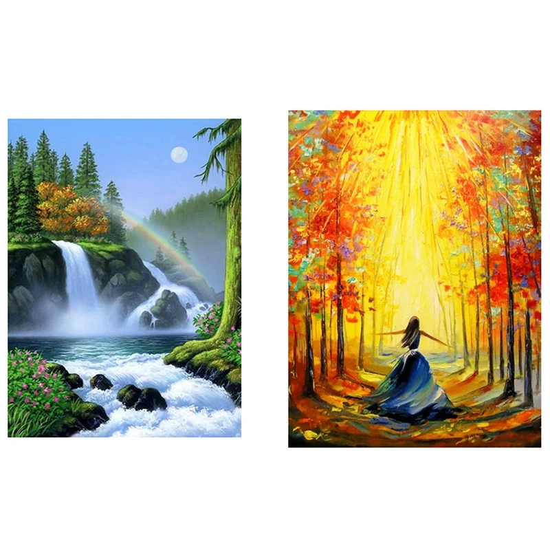 

2Set Round Diamond Painting DIY Diamond Painting Kit Exquisite Decorative Diamond Painting,Forest Girl & Moon Rainbow