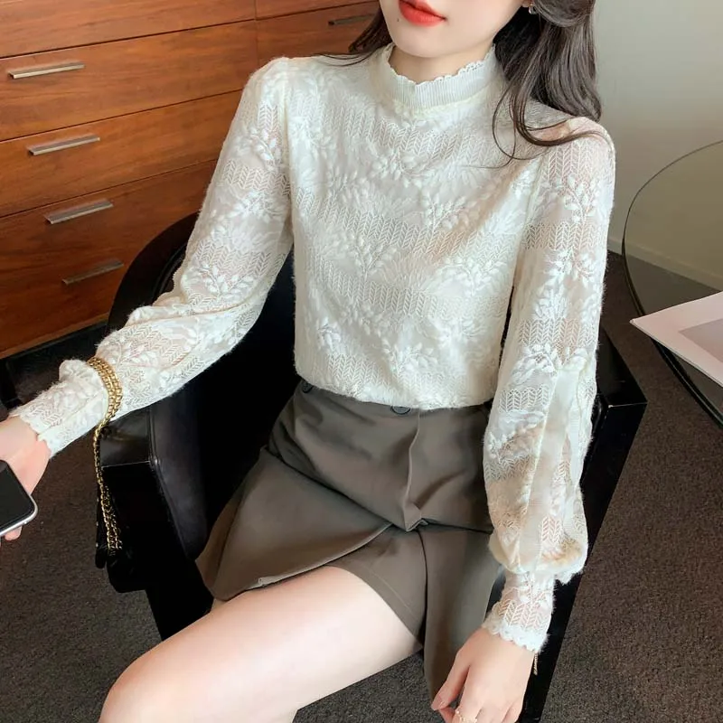 

2022 Sweet Hollow Lace Blouse Women Elegant Autumn Long Sleeve Bottoming Shirt Stand Collar Slim Women's Long Sleeve Top Blusas