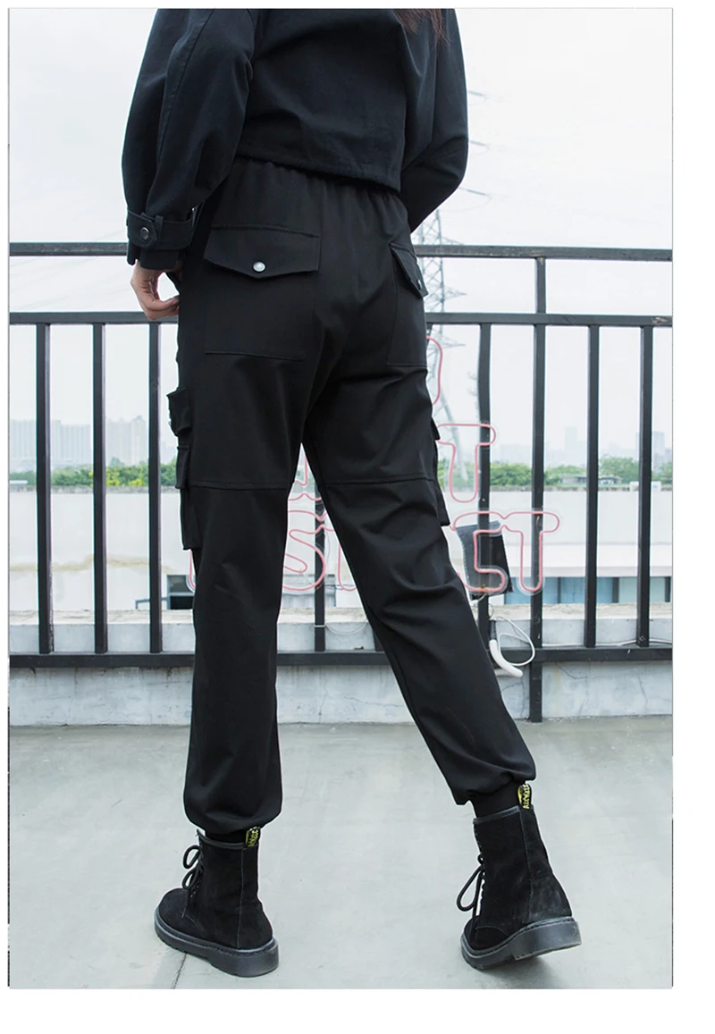 

Loose Fit Pants Women Fashion Spring Autumn 2021 High Elastic Waist Black Pocket Leisure Long Harem Trousers New