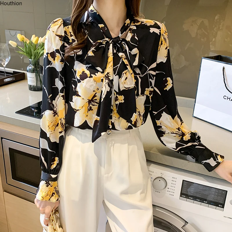 

Women's Blouse Chiffon V-neck Shirt Shirts Slim Print Fashion Long Sleeve Lady Casual Blouse Buttons Houthion