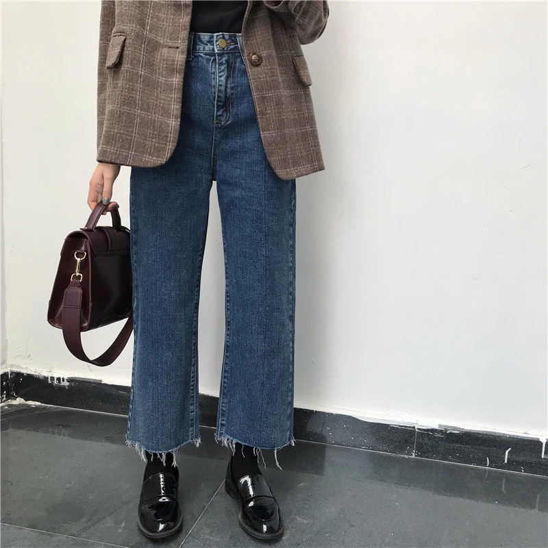 

Jeans Women Denim Solid Tassel Lady Elegant Wide Leg Pant Ankle-length High Waist Womens Trousers Large Size Bottoms Basic Jean