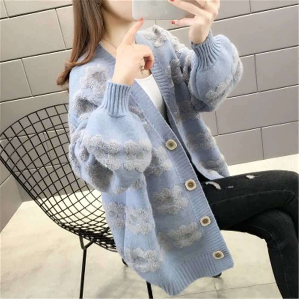 Женский трикотажный кардиган повседневный однобортный с длинным рукавом Осень