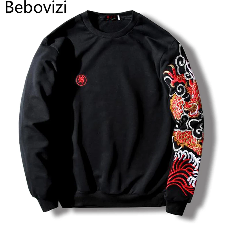 

2020 Мужская Уличная одежда Bebovizi, китайский дракон, вышивка, хип-хоп, хлопковый пуловер, Повседневный, в японском стиле, с капюшоном, черный