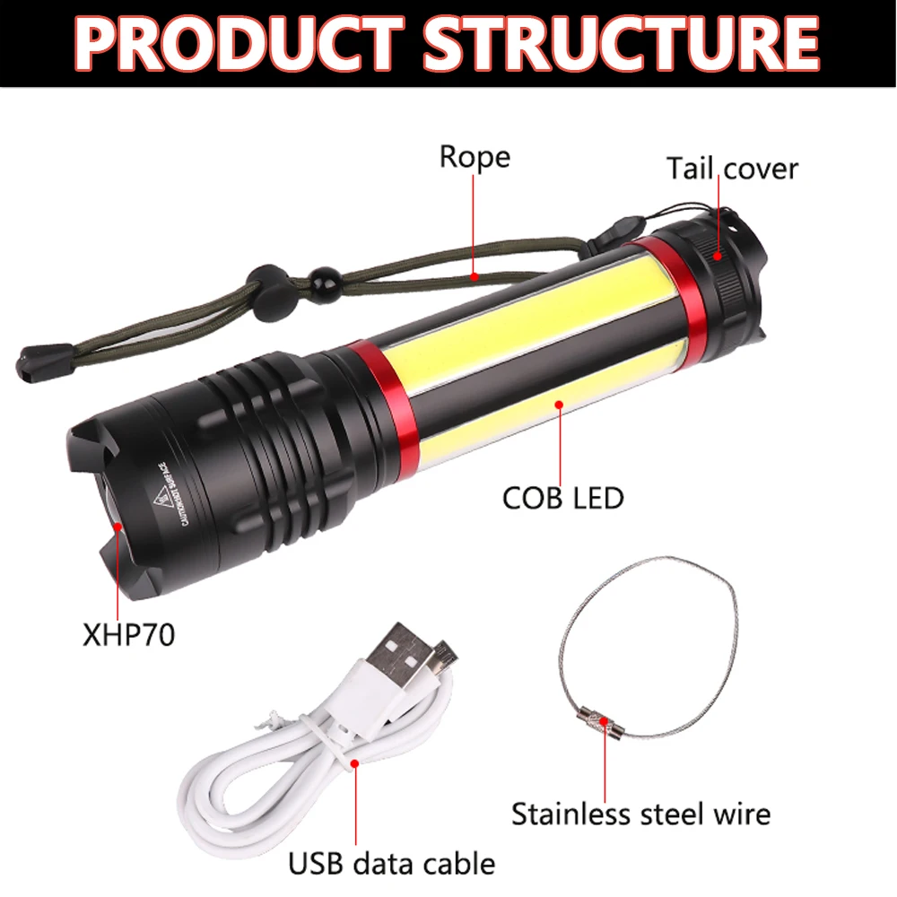 Самый мощный светодиодный фонарик XHP70 перезаряжаемый зум водонепроницаемый