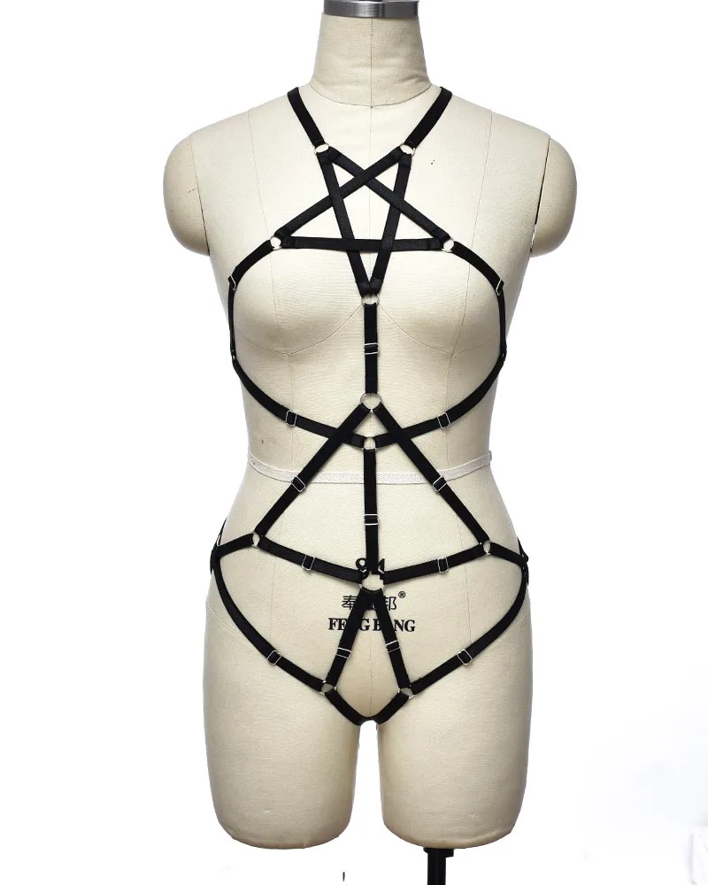 

Pentagram Goth Body Cage Belt Black Bodysuit Hollow Bondage Body Set Open Chest Sexy Lingerie Harness Bra Connection G-String
