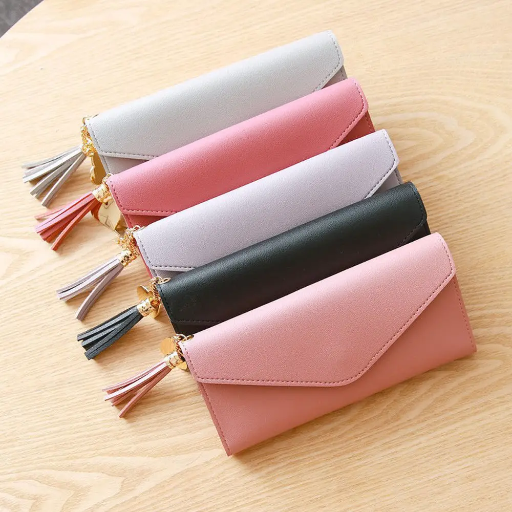 

Women Bags Faux Leather Long Wallet Solid Bifold Card Slot Tassel Zipper Ladys Purse Clutch Long Handbag