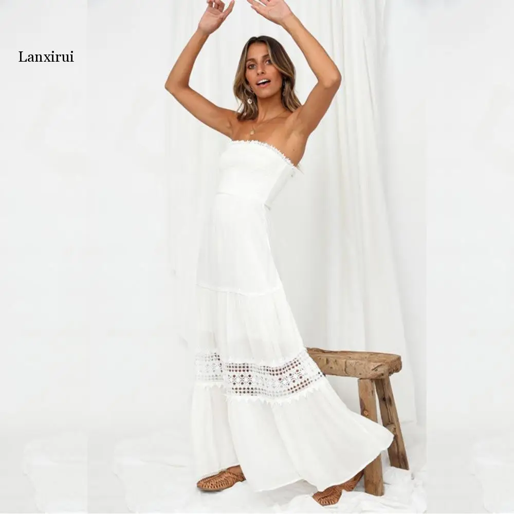 Платье женское пляжное без бретелек пикантный длинный ажурный вечерний Белый