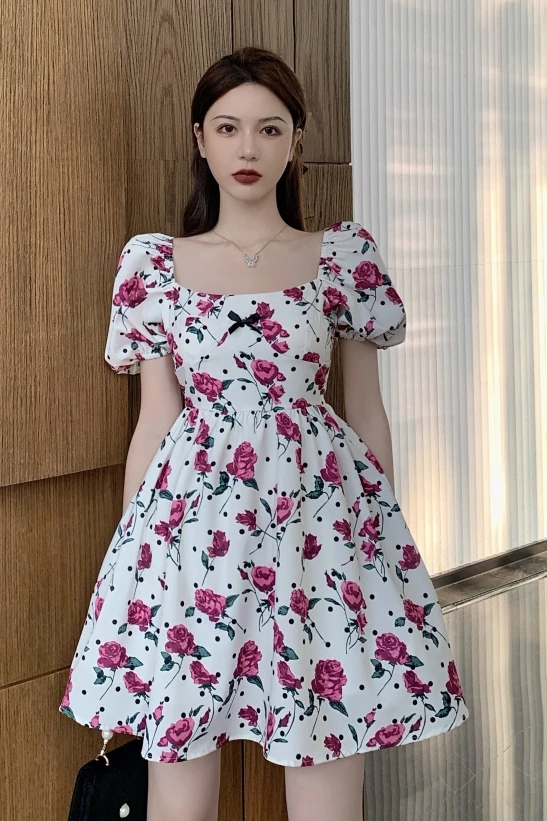 

Square collar retro floral skirt female spring waist slimming slim temperament small dress French ladies skirt