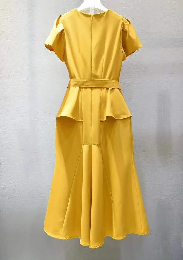 

One Piece Dress 2020 Summer Party Cocktail Women O-Neck Belt Patchwork Short Sleeve Mid-Calf Rose Red Yellow Dress Peplum XL