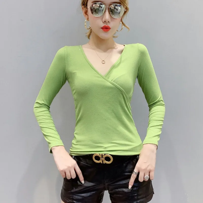 

Блестящая Вязаная хлопковая Футболка #8593 с запахом, Женская Повседневная Базовая футболка с V-образным вырезом, облегающая Однотонная футбо...