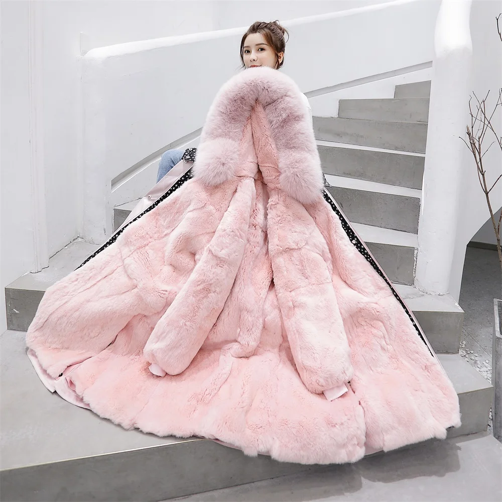 Pink Rex Rabbit Tcyeek/зимнее пальто из натурального меха, Женская парка из натурального меха кролика Рекс, корейская Толстая теплая куртка, длинная куртка с капюшоном из лисьего меха, PK-9T - Цвет: Pink Rex Rabbit