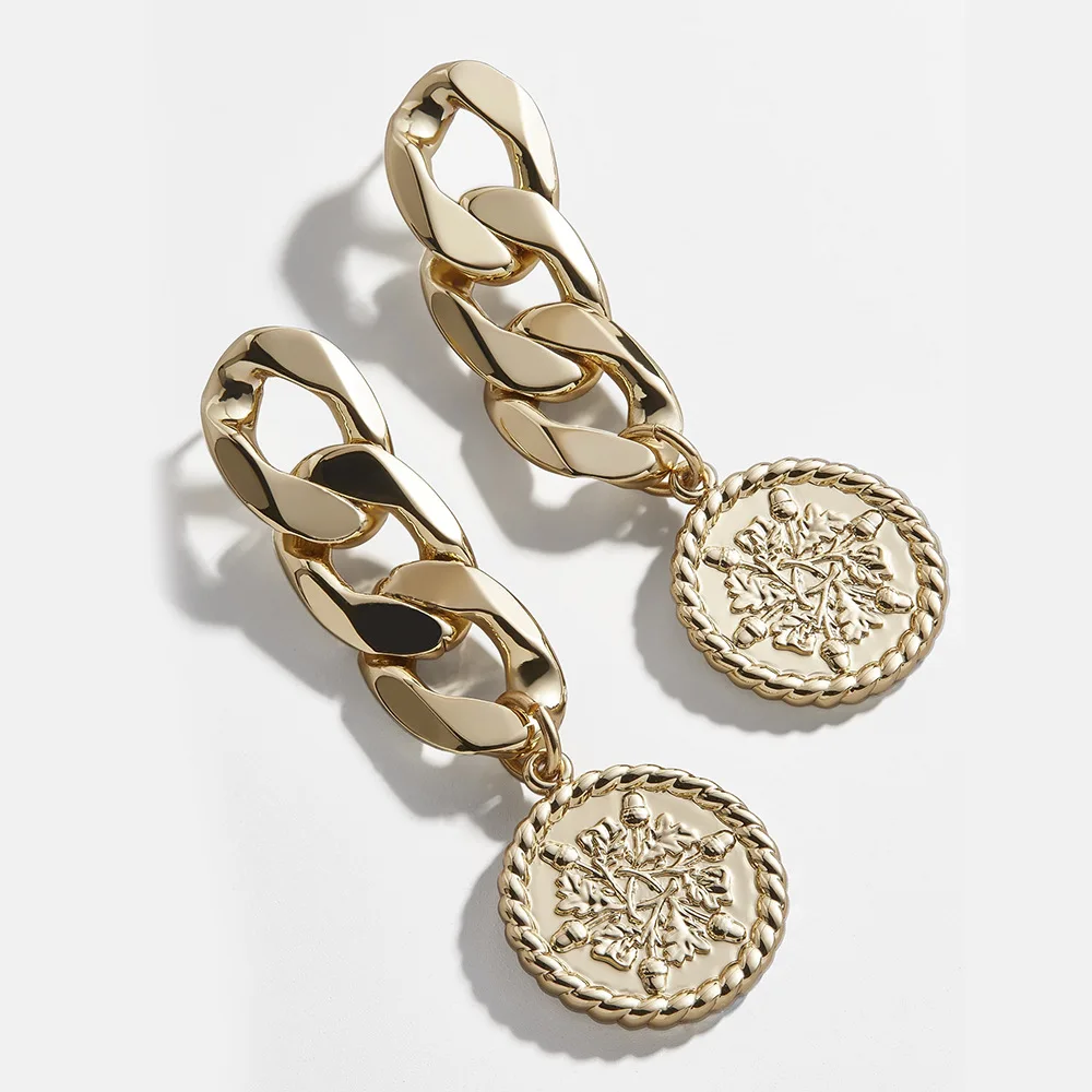 

New Vintage Flowers Engraved Round Coin Dangle Earrings For Women Long Twist Link Chain Earrings Elegant Pendant Jewelry Brincos