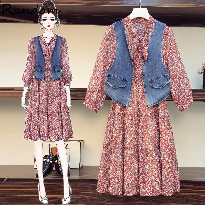 

Plus Size Women Suit Dress 2021 Floral Print Dress Top And Demin Jacket Vest Coat Two Piecet Set Matching Outfits Clothes