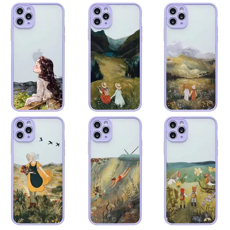 

Cartoon Scenery Girl Phone Case For iphone 13 12 11 Pro Max Mini XS 8 7 Plus X SE 2020 XR Light purple Matte Transparent Cover