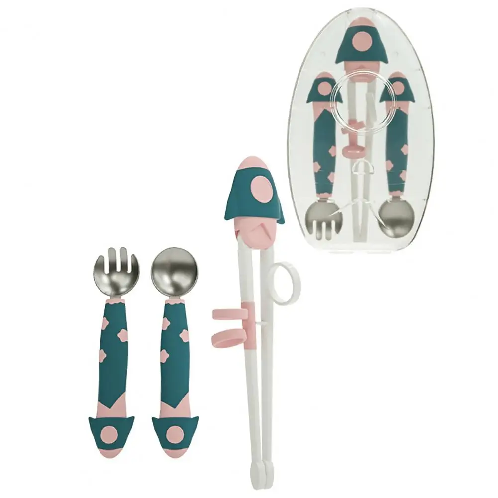 

3Pcs/Set Baby Tableware Kit Cartoon Rocket Shape Heat Resistant Long-lasting Baby Training Spoon Fork Chopsticks Kit for Infant