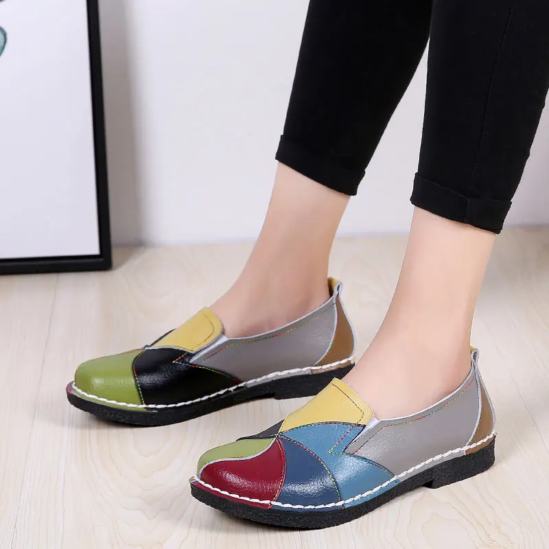 Женская обувь на плоской подошве Сезон осень в стиле пэчворк Лоферы из