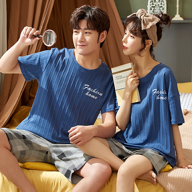 

Fashion Blue Letter Couple Pajamas Set Summer Cotton Sleepwear Loose Short Sleeve Women Homewear Simple Casual Outdoor Nightwear
