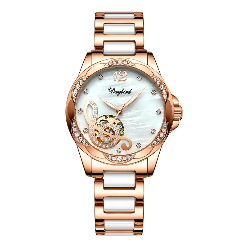 

Ladies Classic Automatic Watch Rose Gold Steel Case Vogue Dress Watches Skeleton Transparent Watch Women Mechanical Wristwatches