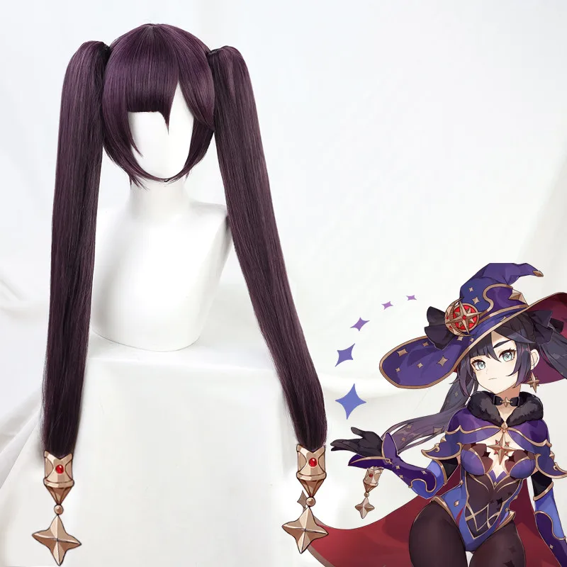 

Genshin Impact Mona Cosplay Wig Long Straight Twin Ponytails Bangs Dark Purple Heat Resistant Hair Adult Halloween Role Play