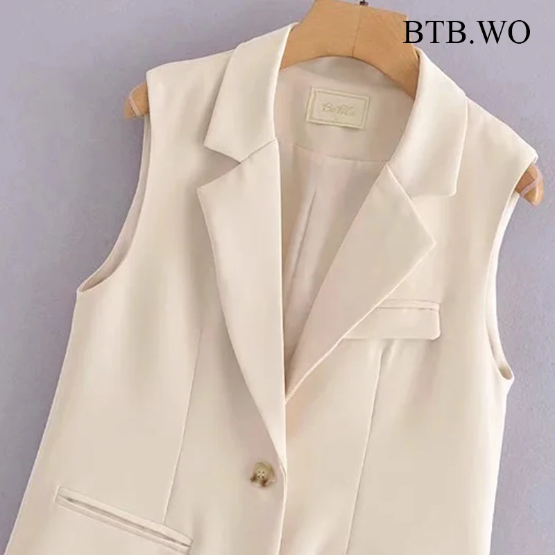 

BTB.WO Vest Women Tops Blazers Vest Jackets Single Breasted Fashion Office Wear Solid Waistcoat Za Vintage Sleeveless Pockets