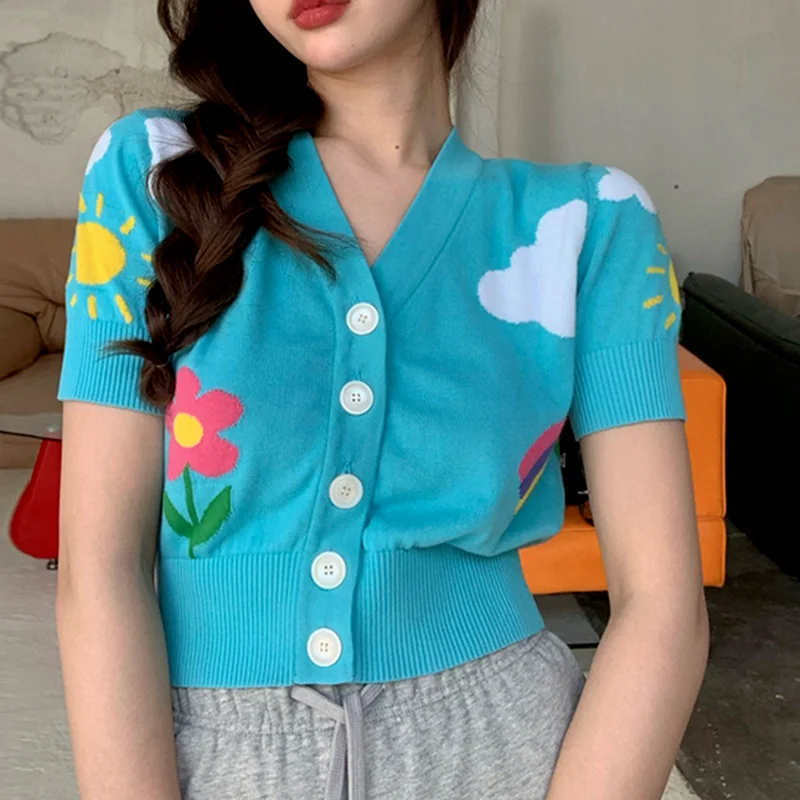 

Korean Version of Chic Vintage Sky Blue White Clouds Rainbow Flowers Short Short-sleeved Women's Blue Knitted Tops Women Clothes