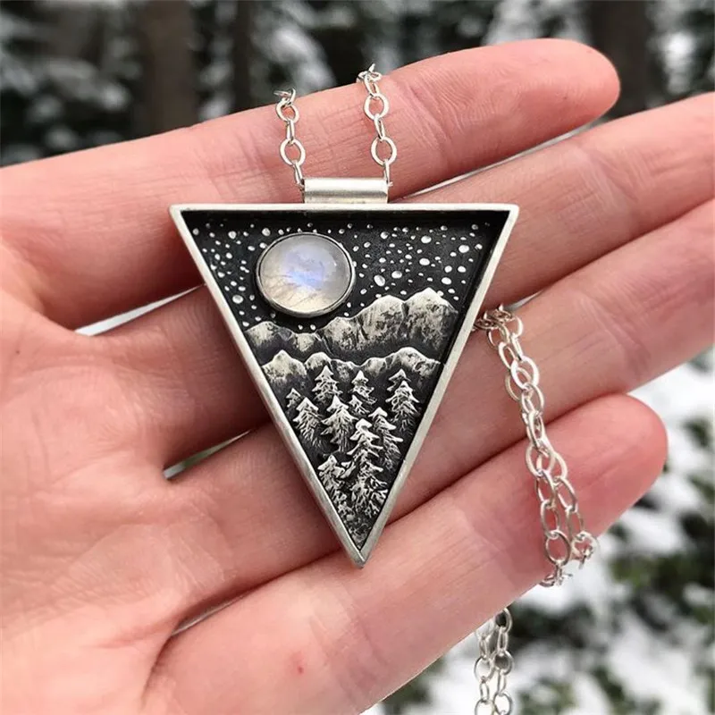 

Pine Tree and Mountain Necklace with Moonstone Wanderlust jewelry Outdoor Gift Mountain Necklace with Moon and Pine Tree JK49F